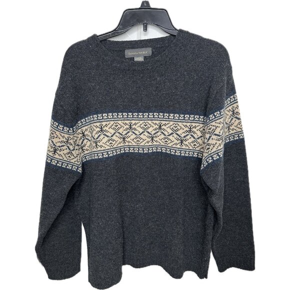 Banana Republic Fair Isle Lamb Wool Crewneck Sweater Charcoal Gray Nordic Knit L - Picture 2 of 9
